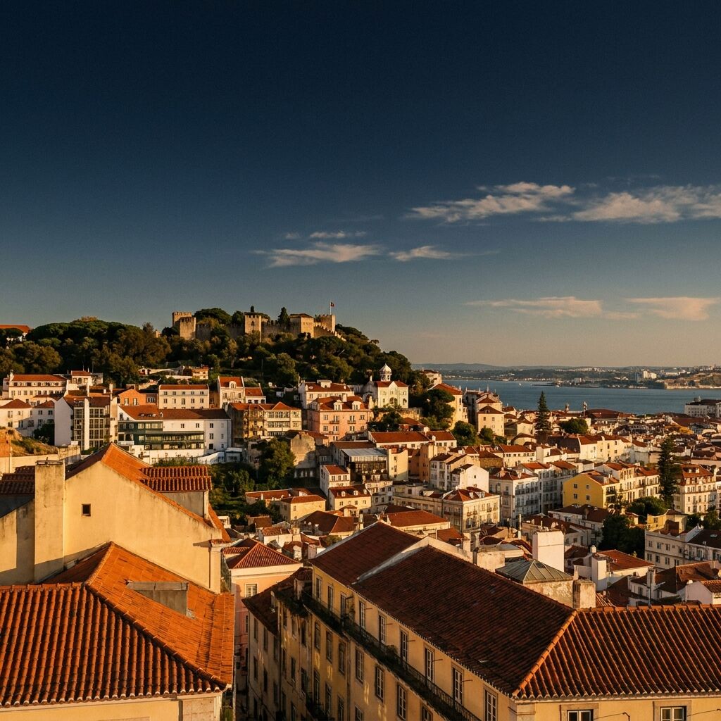 Vista dourada de Lisboa — castelo de São Jorge, telhados e o rio Tejo ao entardecer